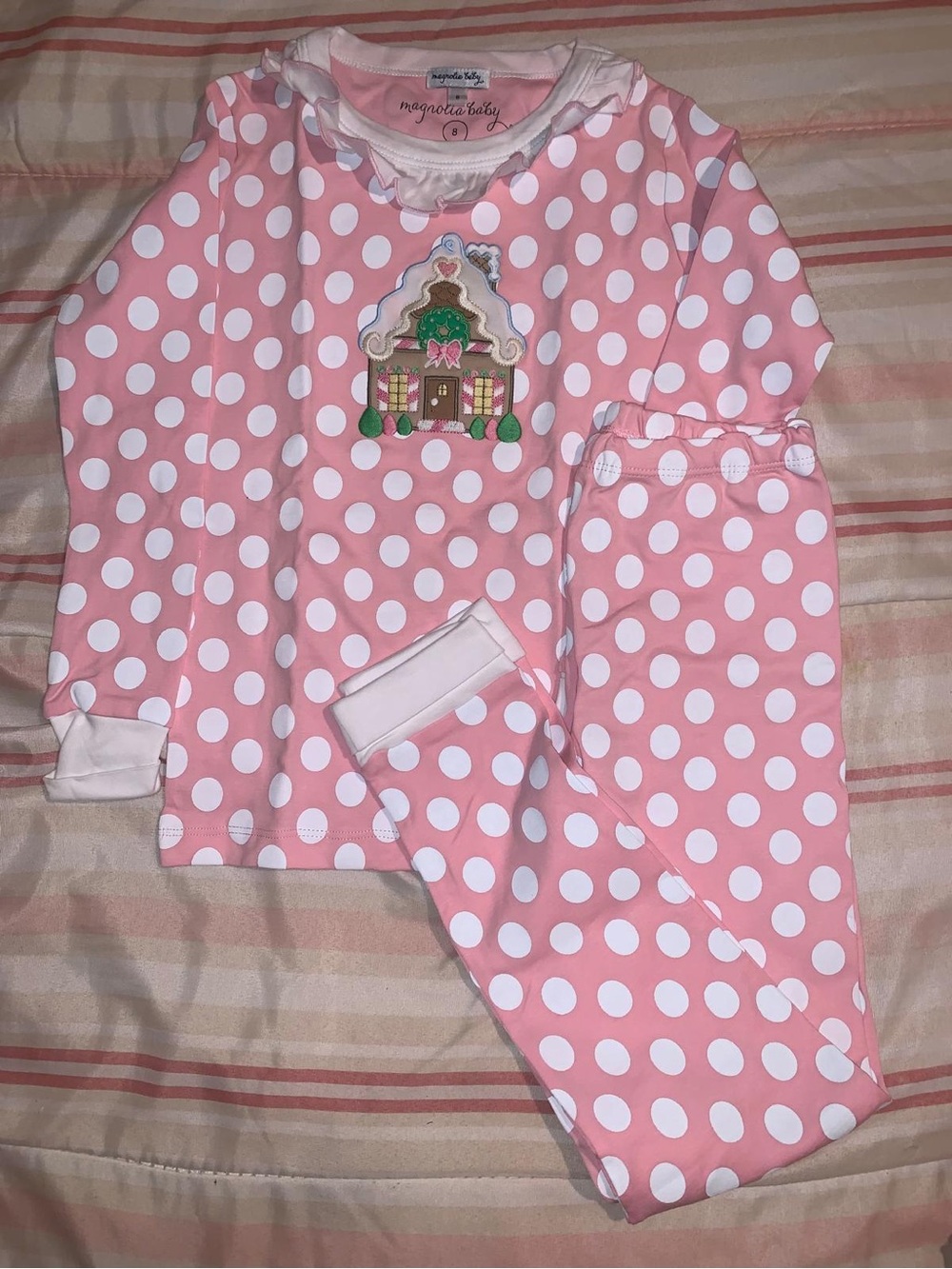 Magnolia Pink & White Polka Dot Kids Pajama Set with Gingerbread Applique